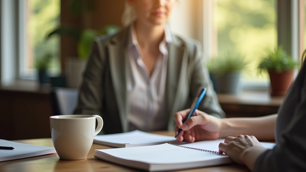 Persoon zit aan houten tafel met notitieboek en koffiekop, zonlicht valt door raam, rustige werkplek