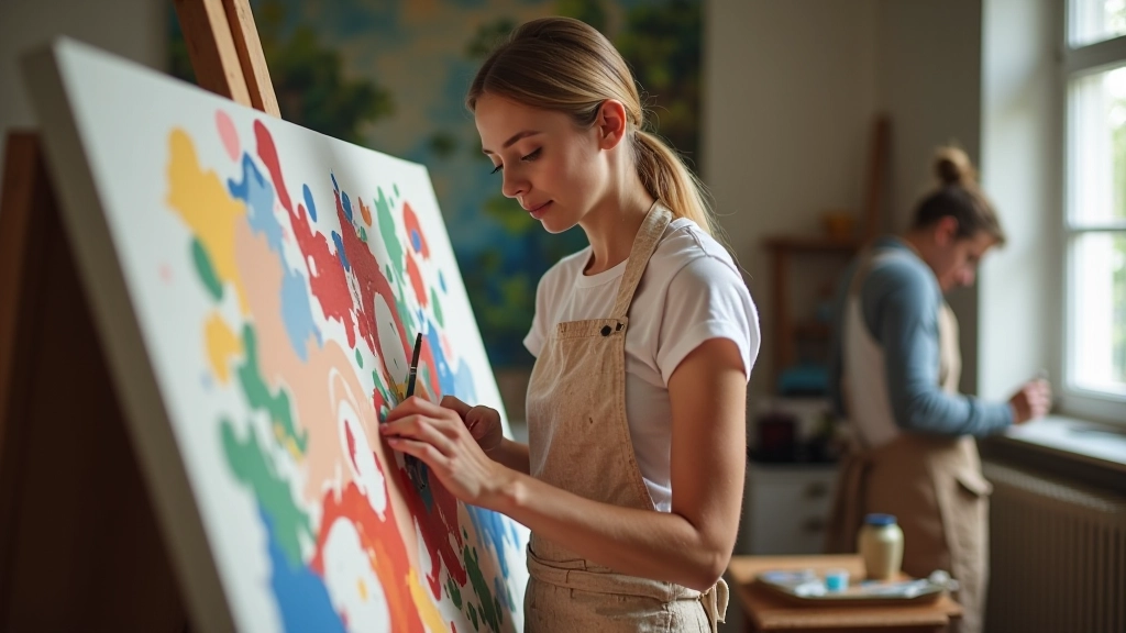 Kunstenaar werkt aan creatief project, veel kleur en creativiteit zichtbaar, focus en passie uitgestraald