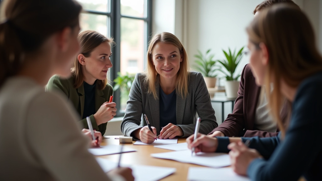 Groep volwassenen werkt samen aan waarden-oefeningen
