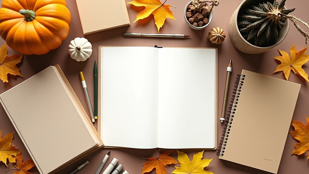 Collage van verschillende activiteiten: boeken, sport, creatief werk, met warme herfstkleuren en organische arrangement