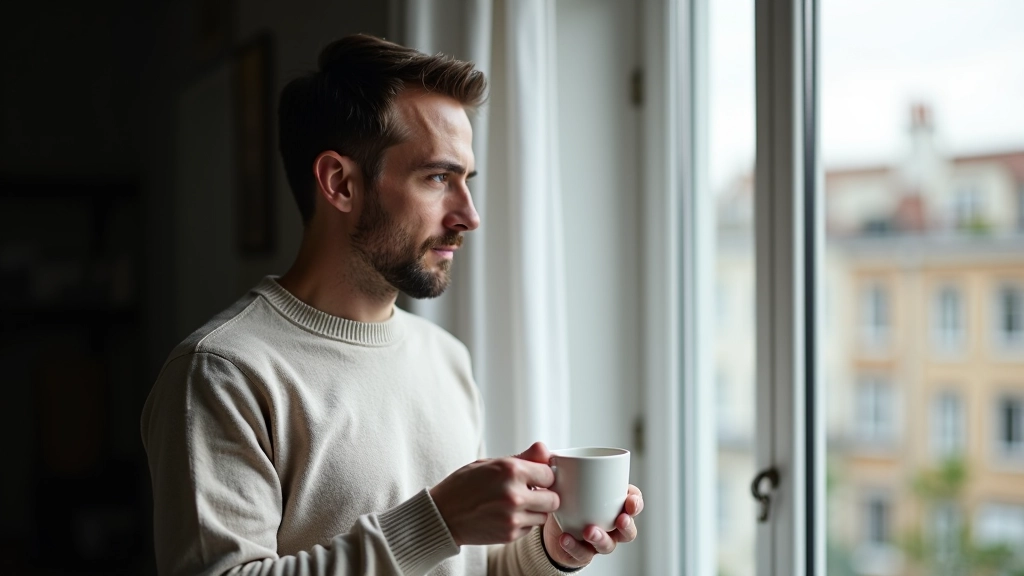 Persoon staart uit raam met koffie in hand, reflectief moment, zachte grijze tonen en minimalistisch interieur