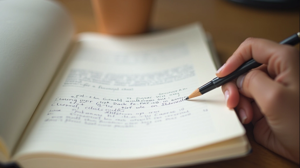 Notitieboekje met schrijfmateriaal op bureau, oefening in uitvoering
