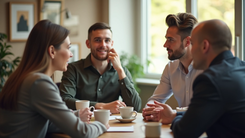 Mensen in gesprek aan tafel met koffie, informeel kantoor setting, warm licht, natuurlijke interactie