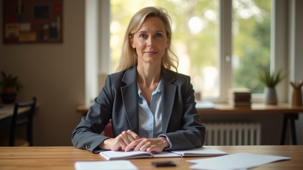 Een professionele werkomgeving met natuurlijk licht, waar iemand nadenkend aan een houten bureau zit met notitieboek en pen