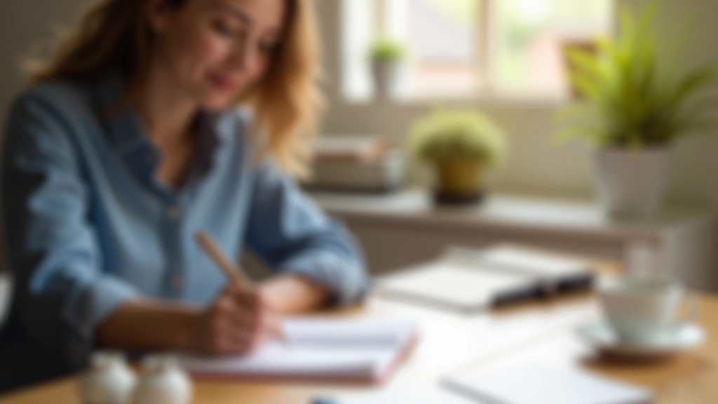 Persoon die aantekeningen maakt in notitieboek met koffie ernaast, thuiswerkomgeving, ochtendlicht