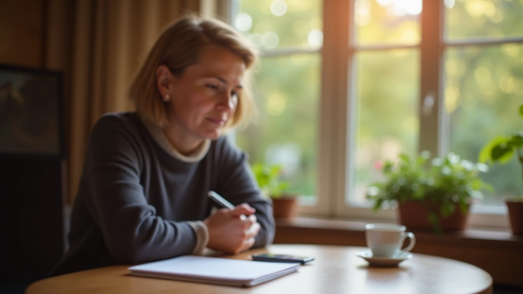 Persoon die aan een tafel zit met notities en een kop thee, peinzend naar buiten kijkend, reflectieve moment over persoonlijke waarden