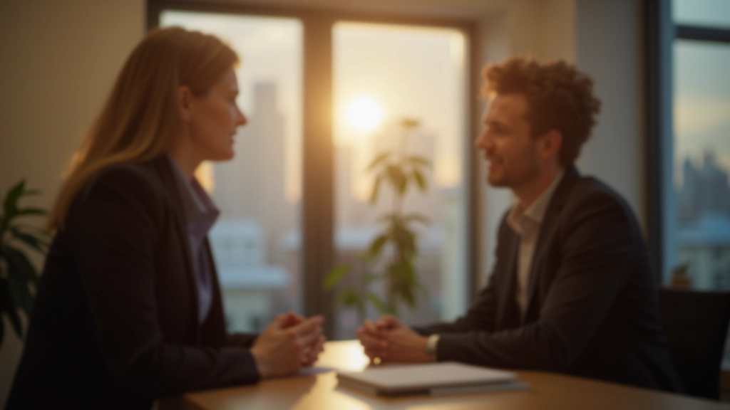 Twee personen in gesprek in kantoor, warm licht, positieve sfeer