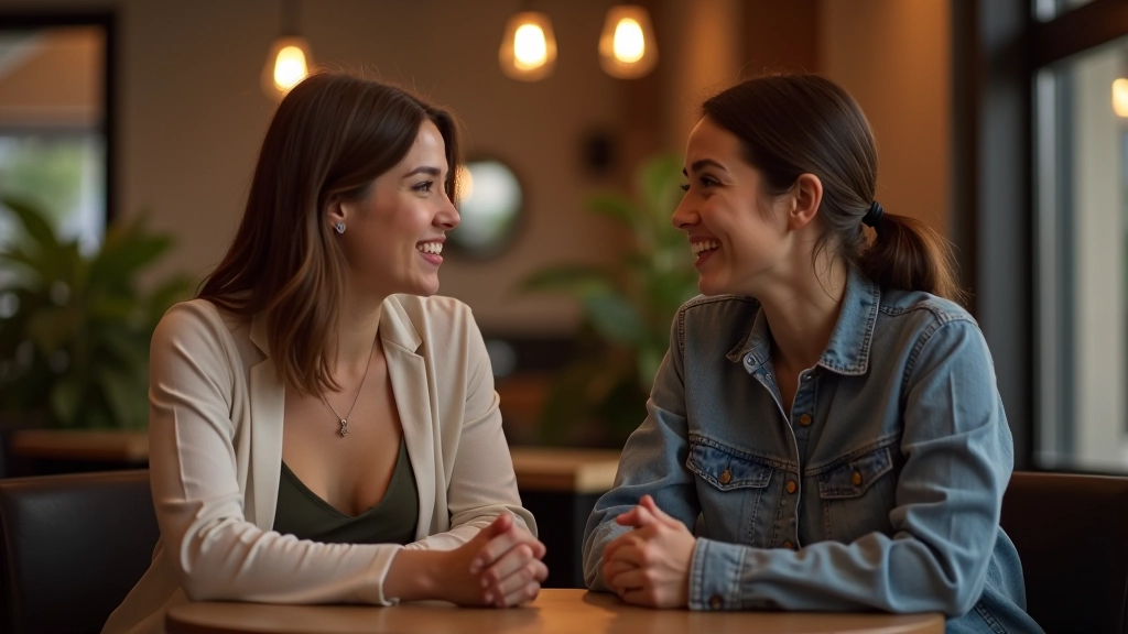 Twee vrouwen in gesprek in een koffiezaak, vertrouwensvol en openhartig moment, warm interieurlicht