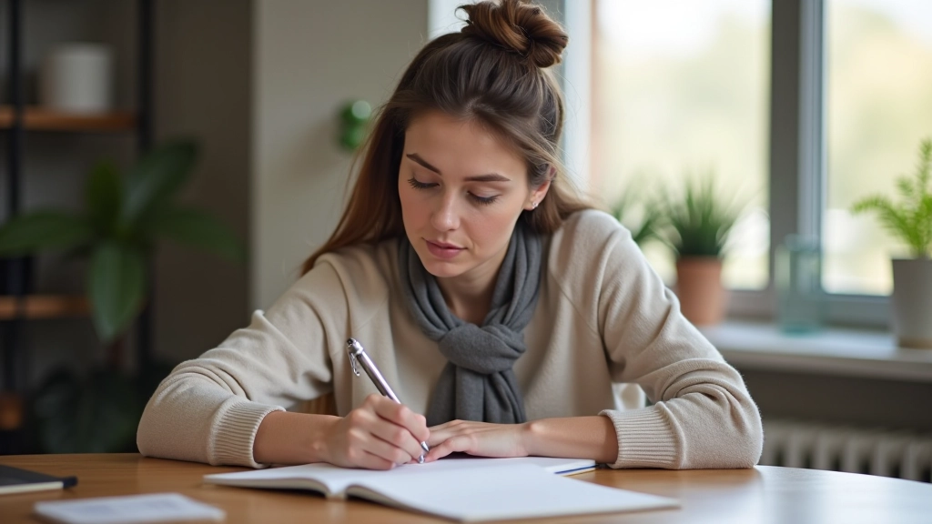 Persoon schrijft in notitieboek, concentratie en nadenken, warm natuurlijk licht door raam