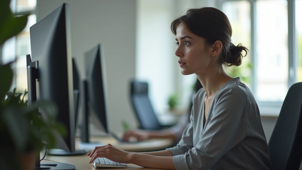 Vrouw aan bureau in modern kantoor, naar scherm kijkend met gefocuste uitdrukking, daglicht van zijkant
